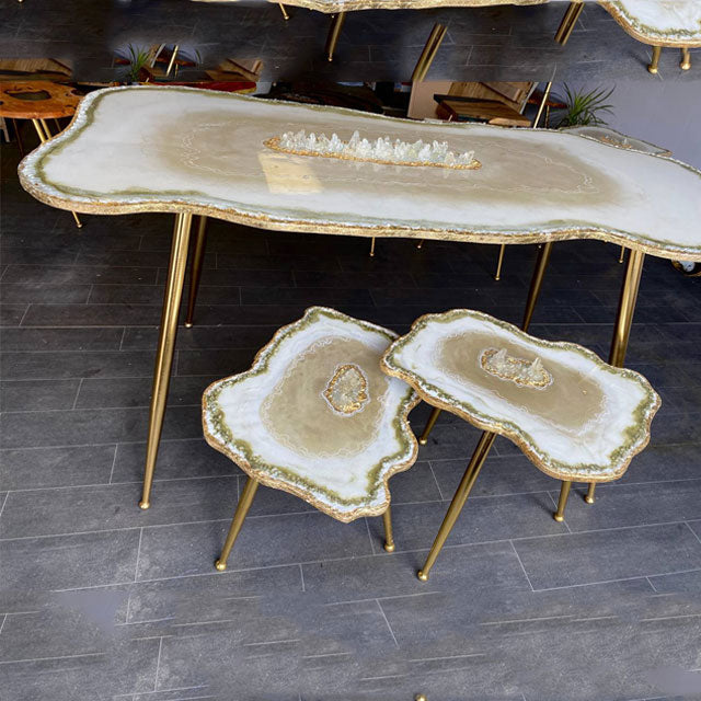 3 x Luxury Agate Quartzs crystals Large coffee table & Shiny Beige White Gold leaf Geode Nesting coffee table set with Gold plated metal legs