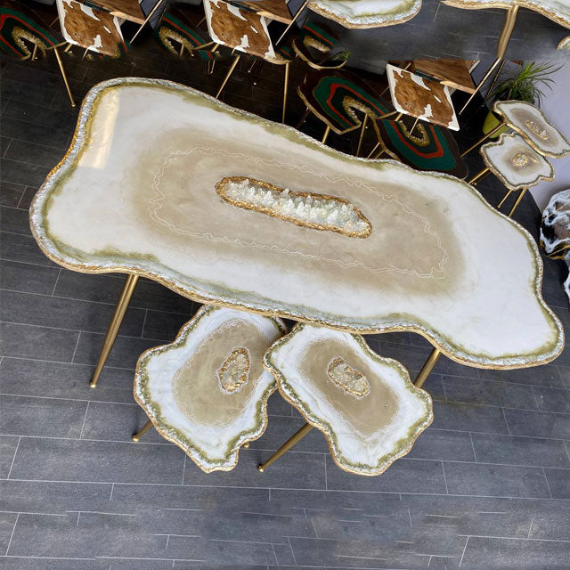 3 x Luxury Agate Quartzs crystals Large coffee table & Shiny Beige White Gold leaf Geode Nesting coffee table set with Gold plated metal legs