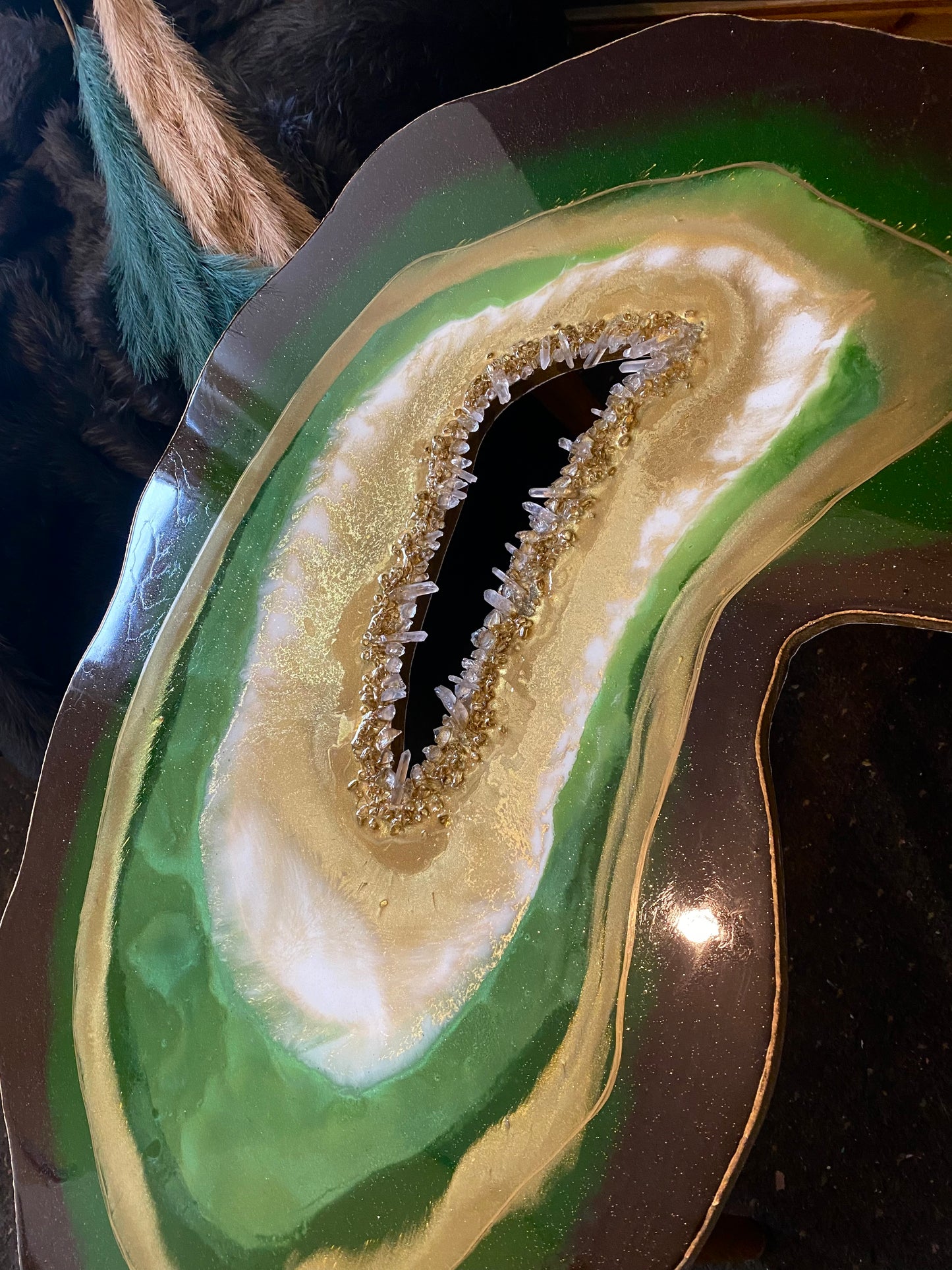 Geode natural Quartz Emerald green coffee table gold metal legs