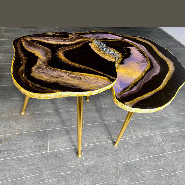 2 x violet Golden black Agate crystals tables with gold metal legs Geode Resin Coffee/side Table set