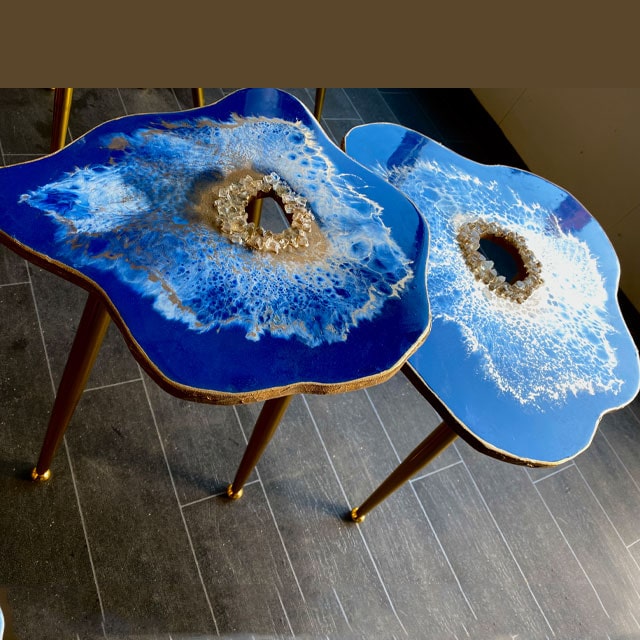 2 x Nesting Agate Blue Gold Epoxy Resin Geode Coffee/side Table with NEW Gold metal legs