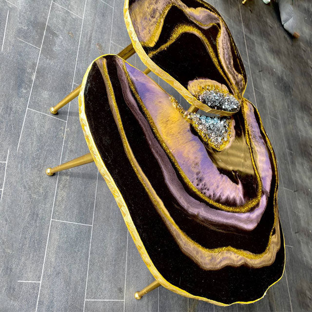 2 x violet Golden black Agate crystals tables with gold metal legs Geode Resin Coffee/side Table set