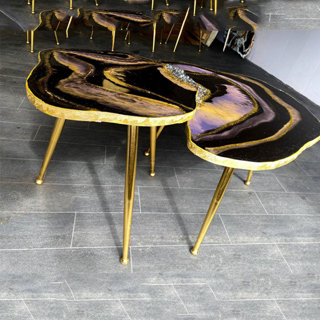 2 x violet Golden black Agate crystals tables with gold metal legs Geode Resin Coffee/side Table set