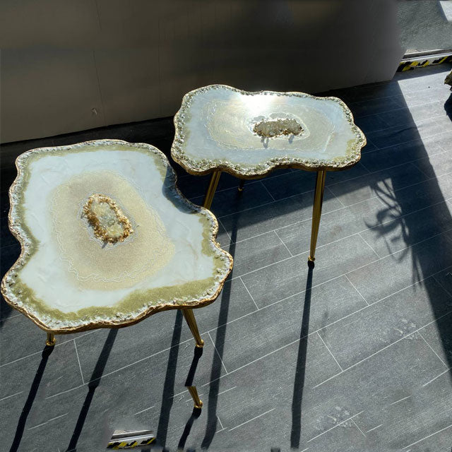 3 x Luxury Agate Quartzs crystals Large coffee table & Shiny Beige White Gold leaf Geode Nesting coffee table set with Gold plated metal legs