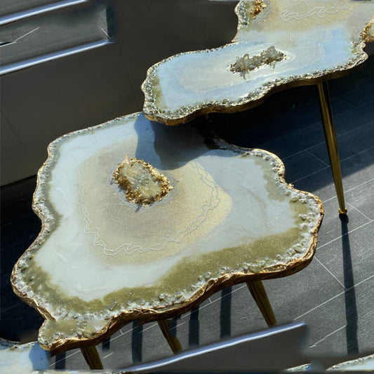 2 x Nesting Shiny Beige Gold leaf board crystals Geode Coffee/side tables with gold metal legs