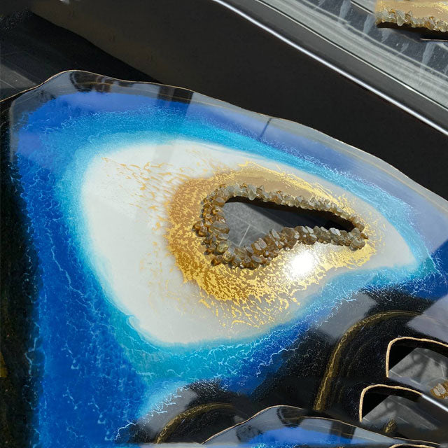 The Crystals Agate Epoxy Resin Blue Turquoise Gold Coffee table with Gold plated Metal legs