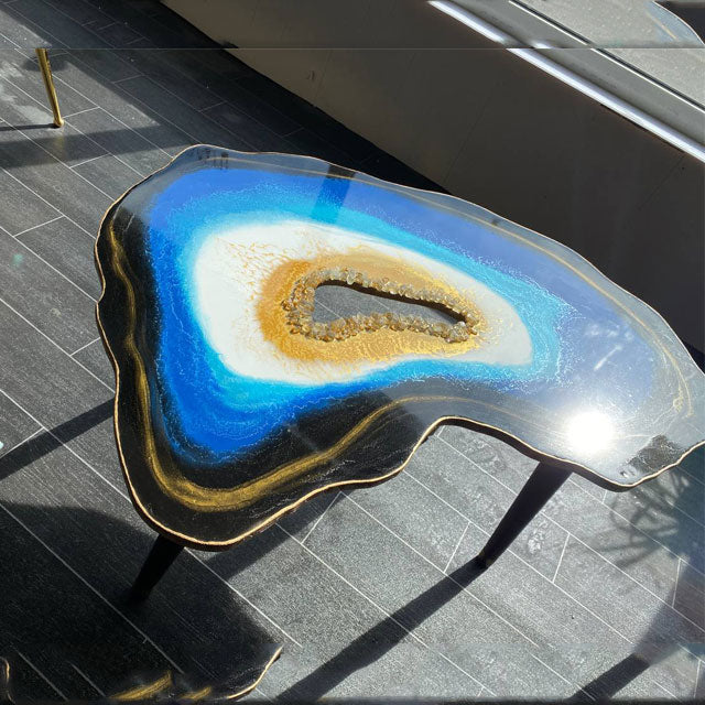 The Crystals Agate Epoxy Resin Blue Turquoise Gold Coffee table with Gold plated Metal legs