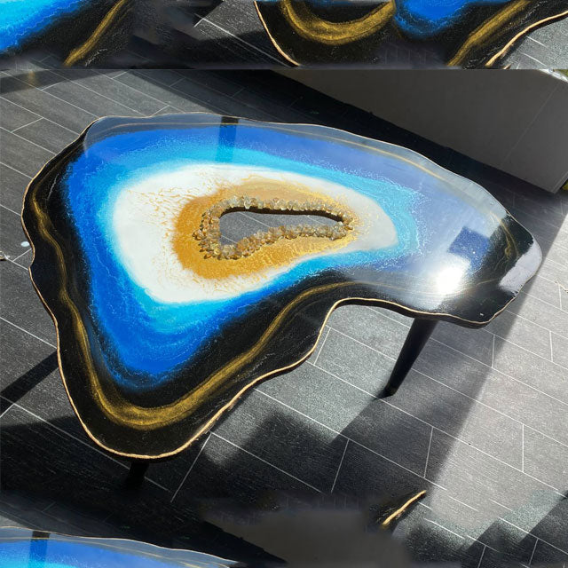 The Crystals Agate Epoxy Resin Blue Turquoise Gold Coffee table with Gold plated Metal legs