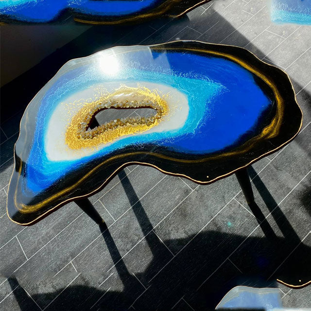 The Crystals Agate Epoxy Resin Blue Turquoise Gold Coffee table with Gold plated Metal legs