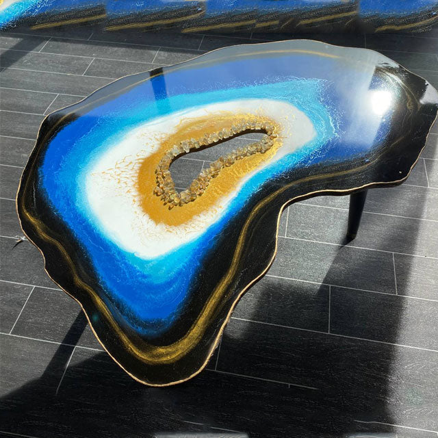 The Crystals Agate Epoxy Resin Blue Turquoise Gold Coffee table with Gold plated Metal legs