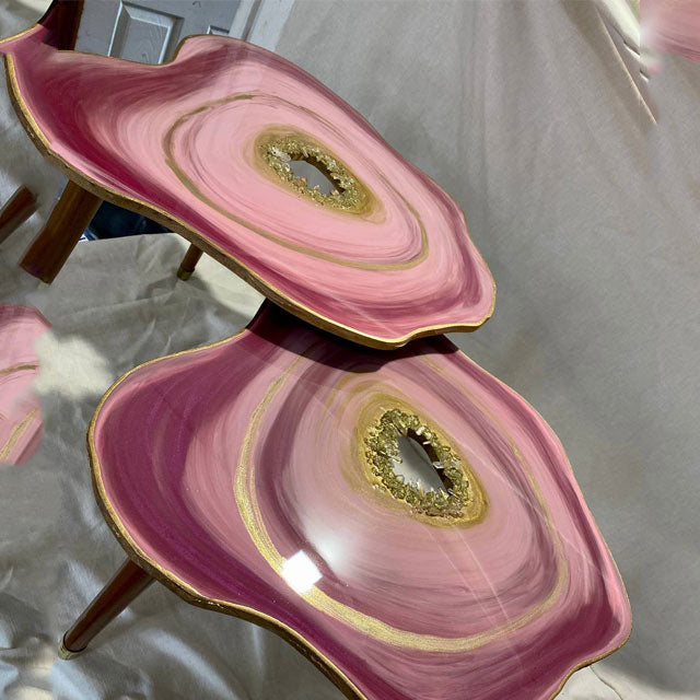 2x Nesting geode tables Pink GOLD Natural Quartz Geode Resin Art  Coffee/side Table