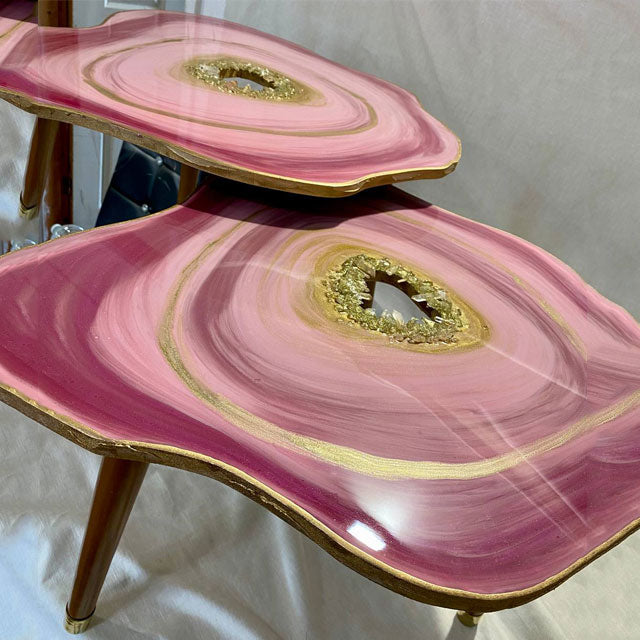 2x Nesting geode tables Pink GOLD Natural Quartz Geode Resin Art  Coffee/side Table