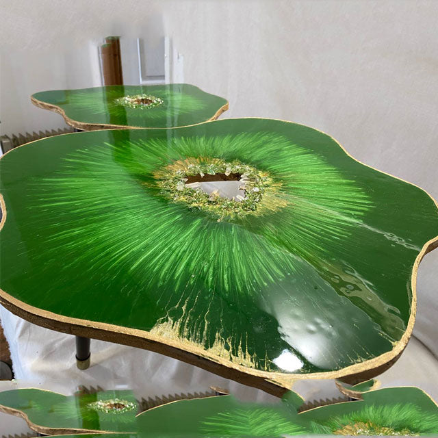 2 X Nesting Geode Green Gold blossom Resin Art Quartz agate Coffee/side Table with Gold metal legs