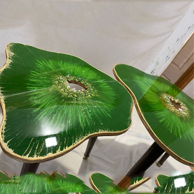 2 X Nesting Geode Green Gold blossom Resin Art Quartz agate Coffee/side Table with Gold metal legs