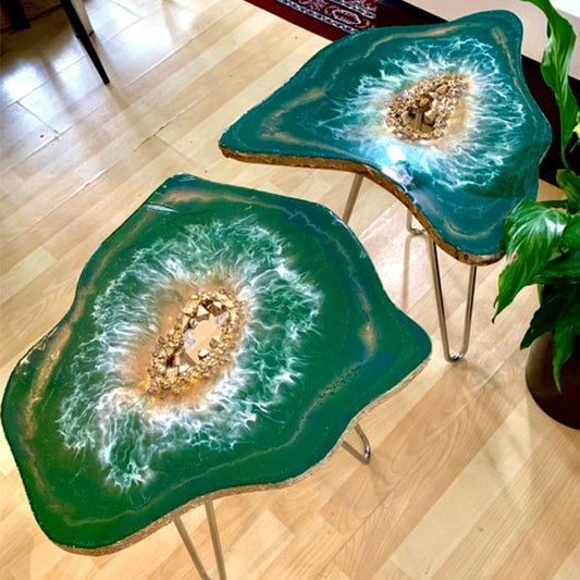 2X Geode tables Large Set of green gold Resin Art natural Quartz Coffee/side Table set with gold metal legs