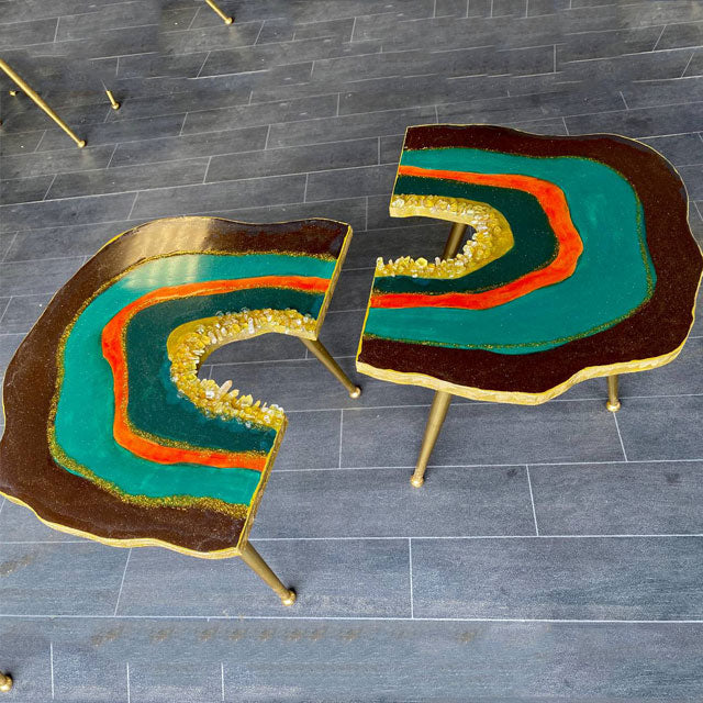 2 x Agate quartz Art tables with gold metal legs Geode Resin Coffee/side Table set