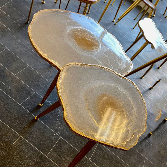 2 xNesting Shiny Beige Gold leaf board Geode tables with gold metal legs