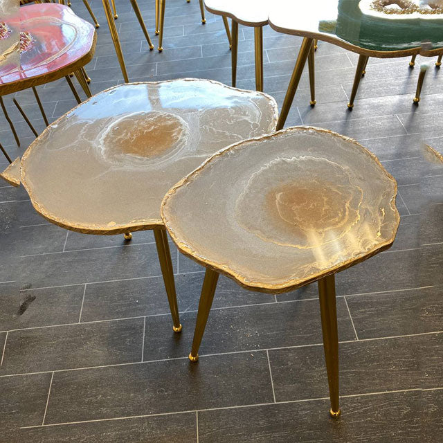 2 xNesting Shiny Beige Gold leaf board Geode tables with gold metal legs