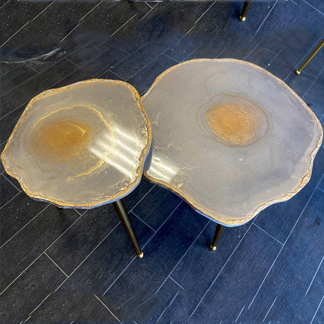 2 xNesting Shiny Beige Gold leaf board Geode tables with gold metal legs