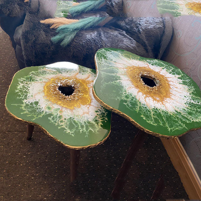 2 X Nesting Green Gold Geode Resin Arnatural Quartz agate Coffee/side Tables with gold metal legs