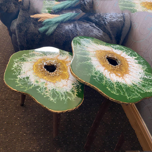 2 X Nesting Green Gold Geode Resin Arnatural Quartz agate Coffee/side Tables with gold metal legs