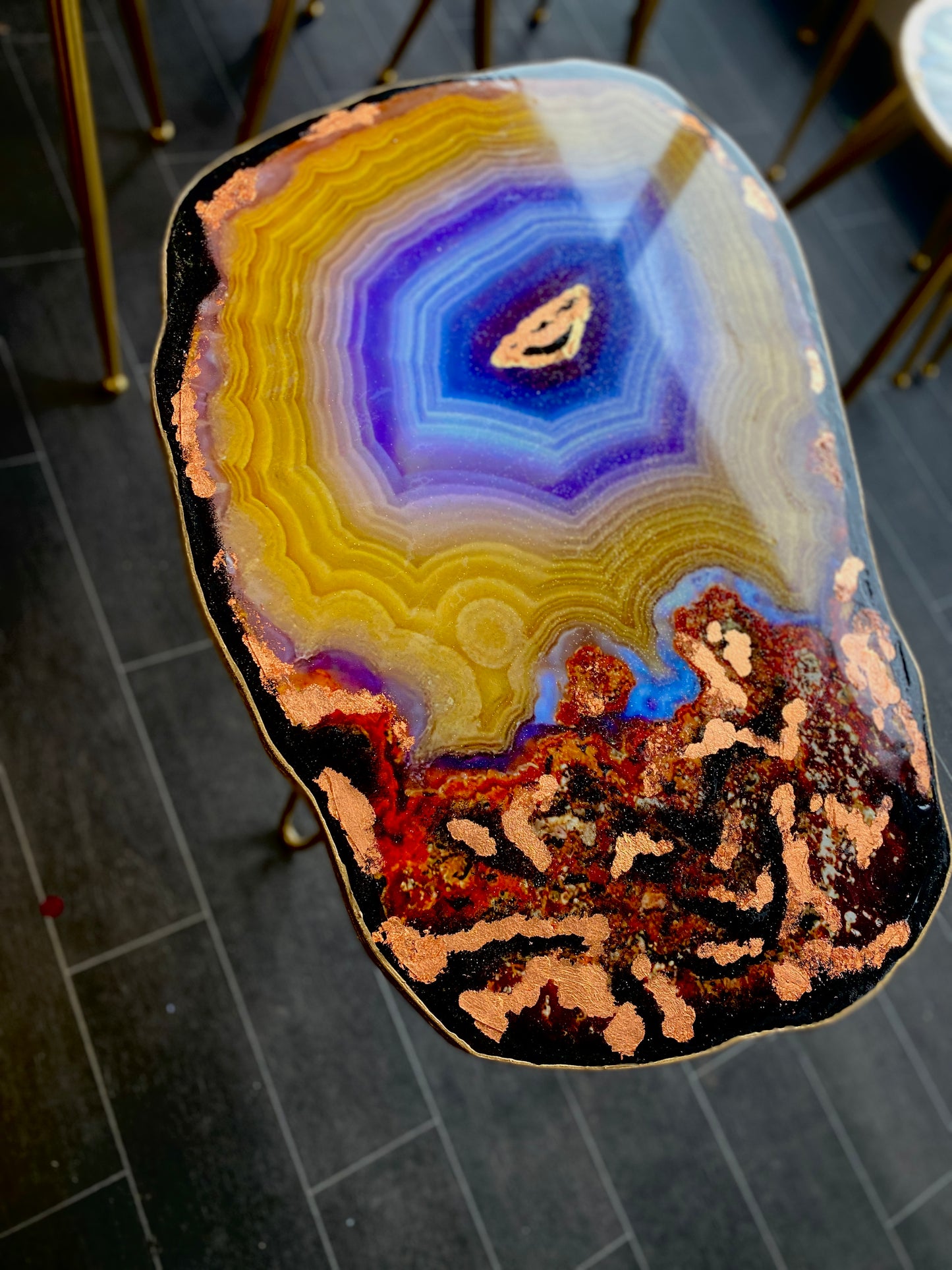 Geode Yellow Purple agate slice Resin Coffee table Agate Coffee table with Gold metal legs