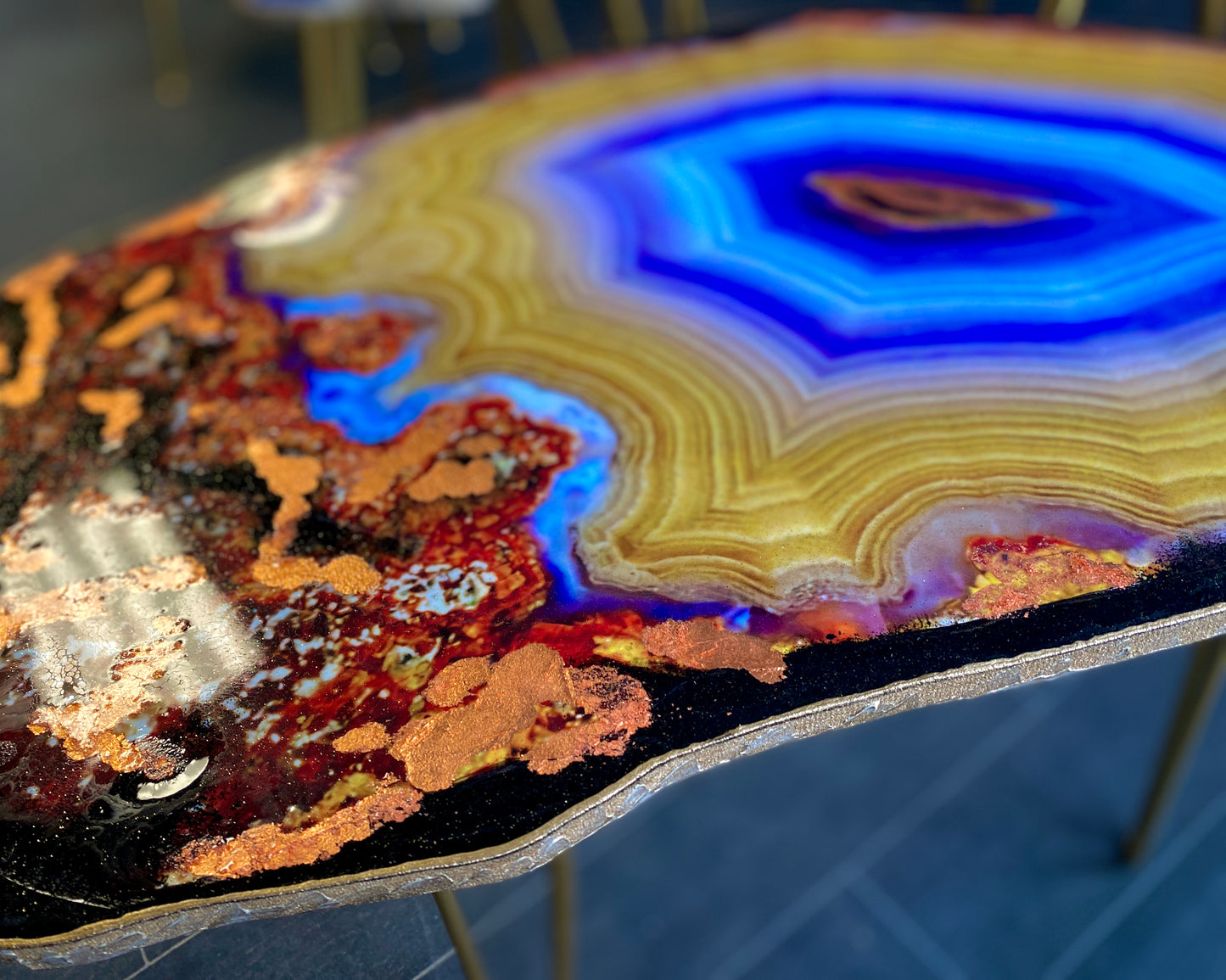 Geode Yellow Purple agate slice Resin Coffee table Agate Coffee table with Gold metal legs