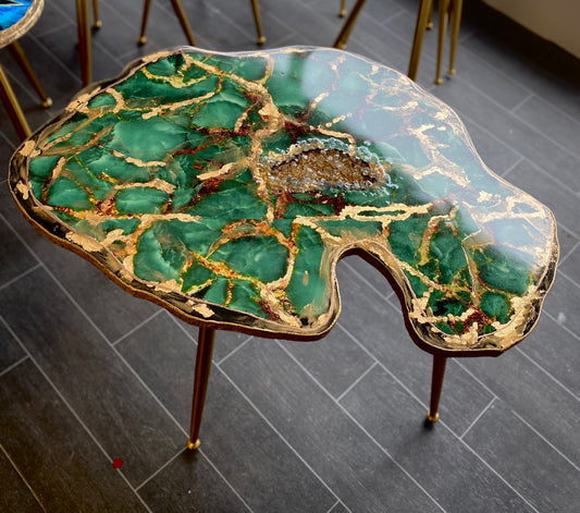 Large Stone slice teal Gold  Epoxy crystals Coffee table with Gold metal legs