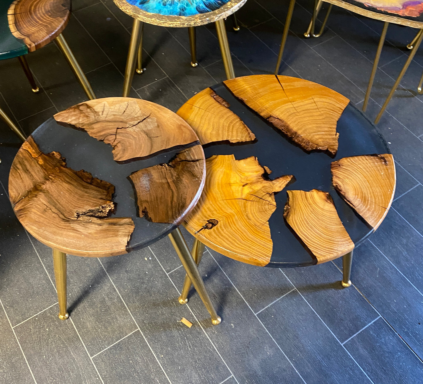 2 X Nesting Epoxy Resin Silver clear Epoxy Rustic Coffee table SET with the gold plated metal legs