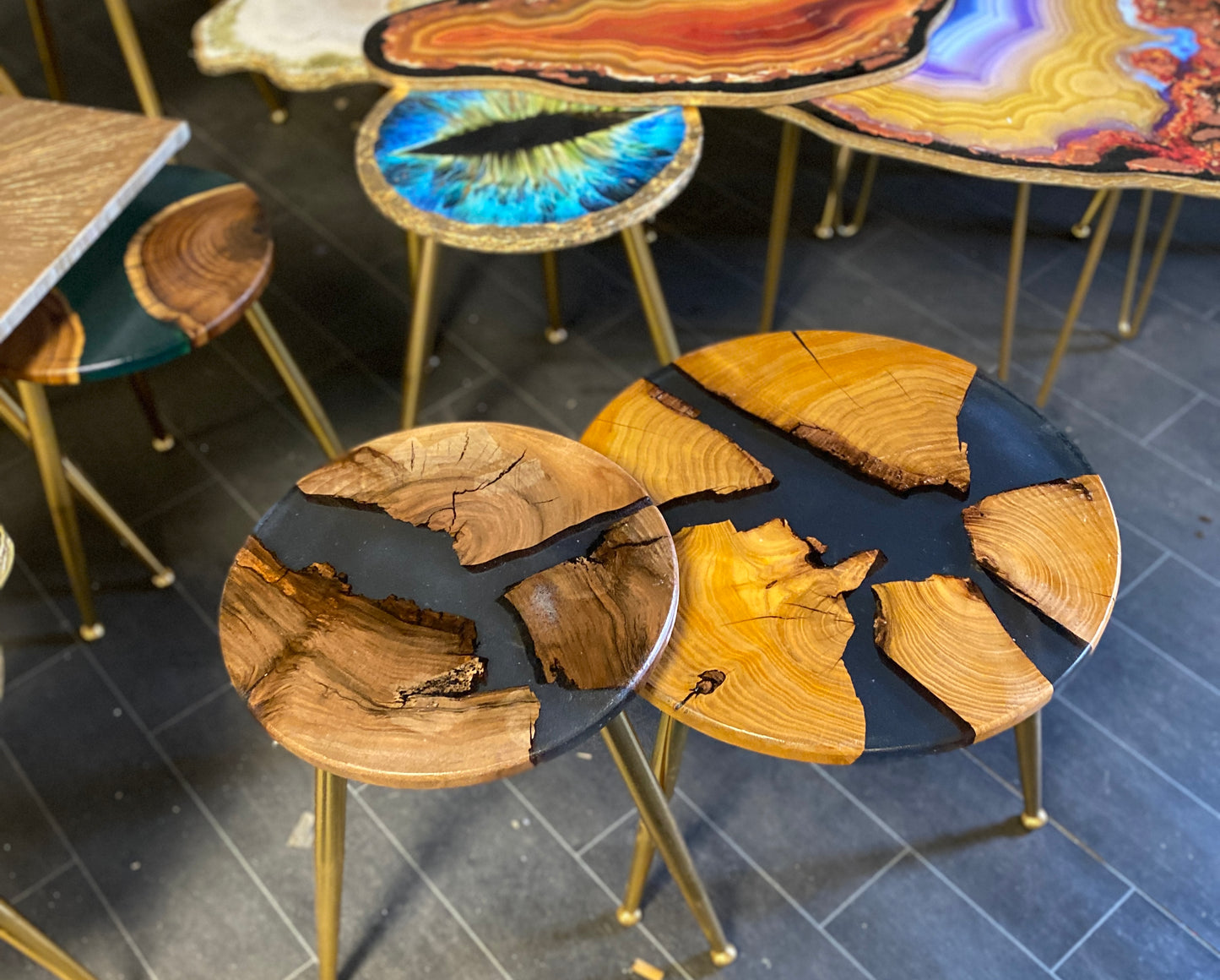 2 X Nesting Epoxy Resin Silver clear Epoxy Rustic Coffee table SET with the gold plated metal legs