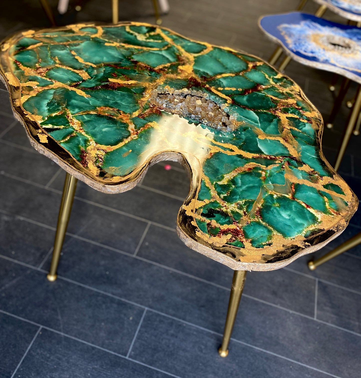 Large Stone slice teal Gold  Epoxy crystals Coffee table with Gold metal legs