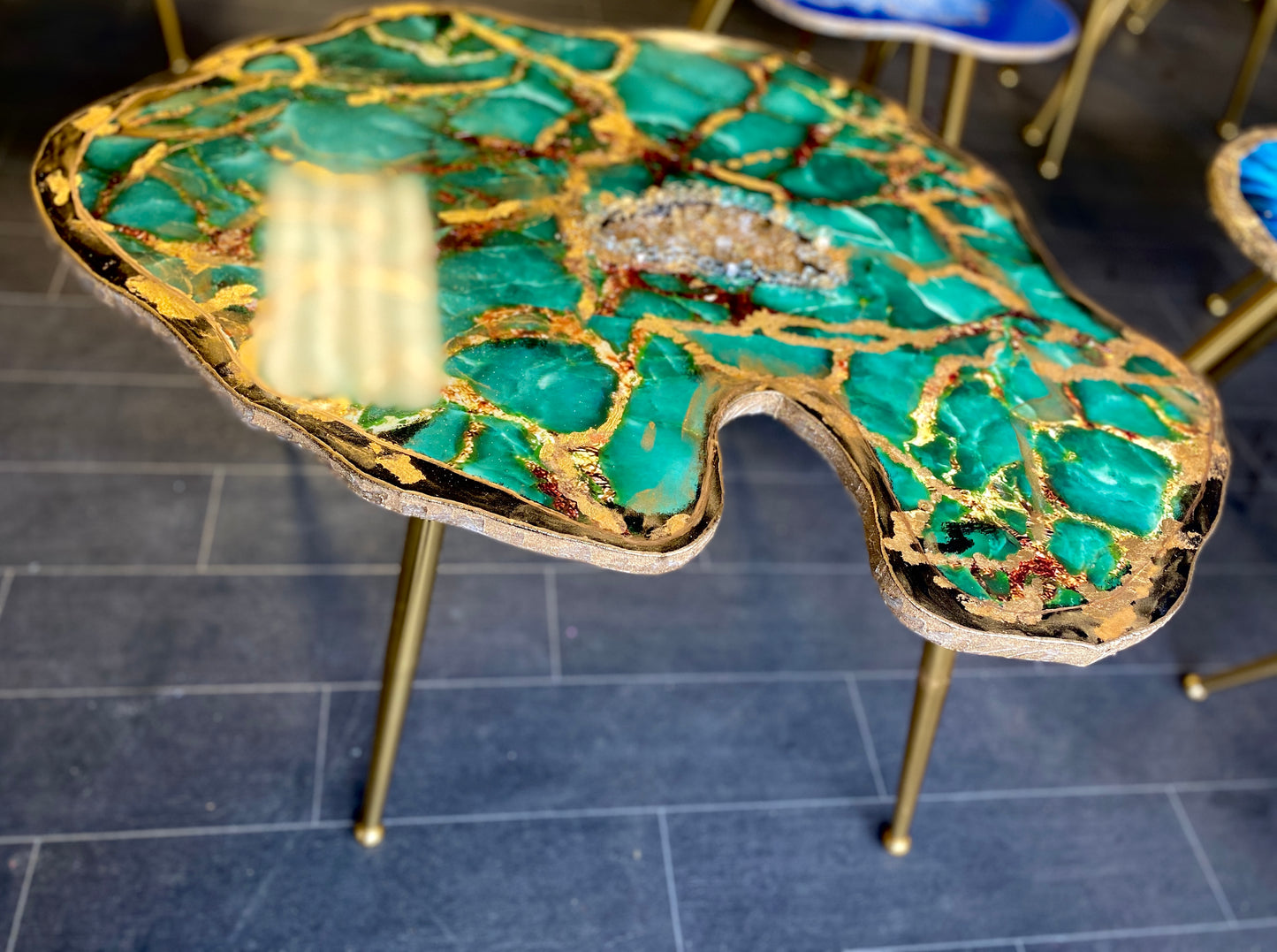 Large Stone slice teal Gold  Epoxy crystals Coffee table with Gold metal legs