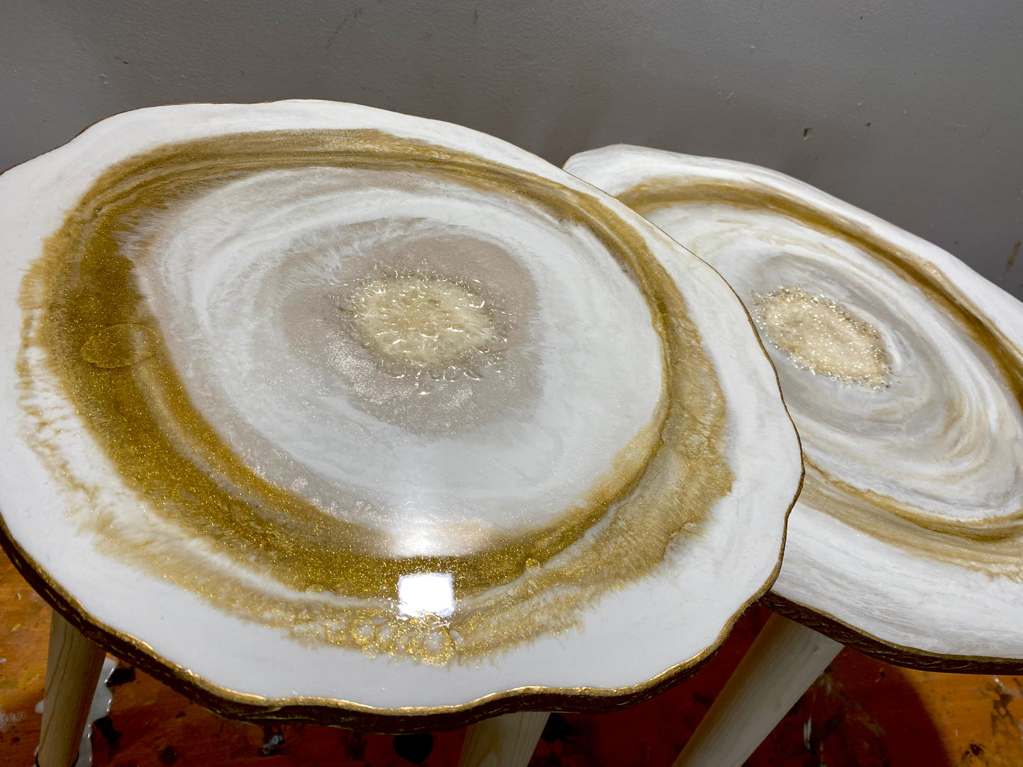 3 x  large handmade geode Resin Nested Coffee tables white gold geode crystals agate artwork coffee table SET gold metal legs