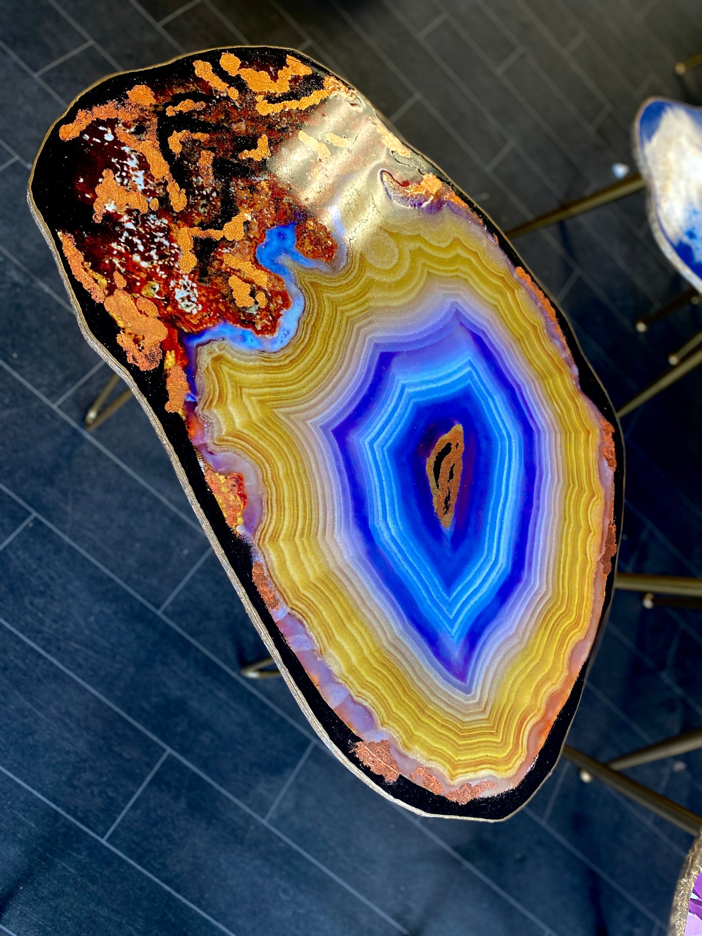 Geode Yellow Purple agate slice Resin Coffee table Agate Coffee table with Gold metal legs