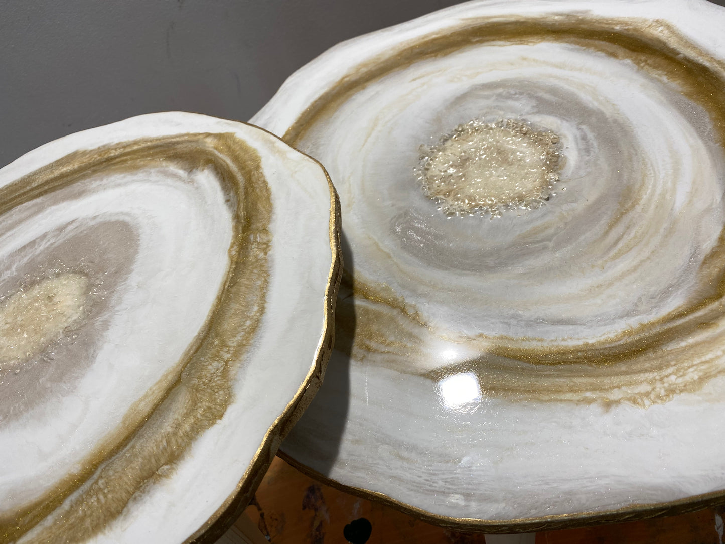 3 x  large handmade geode Resin Nested Coffee tables white gold geode crystals agate artwork coffee table SET gold metal legs