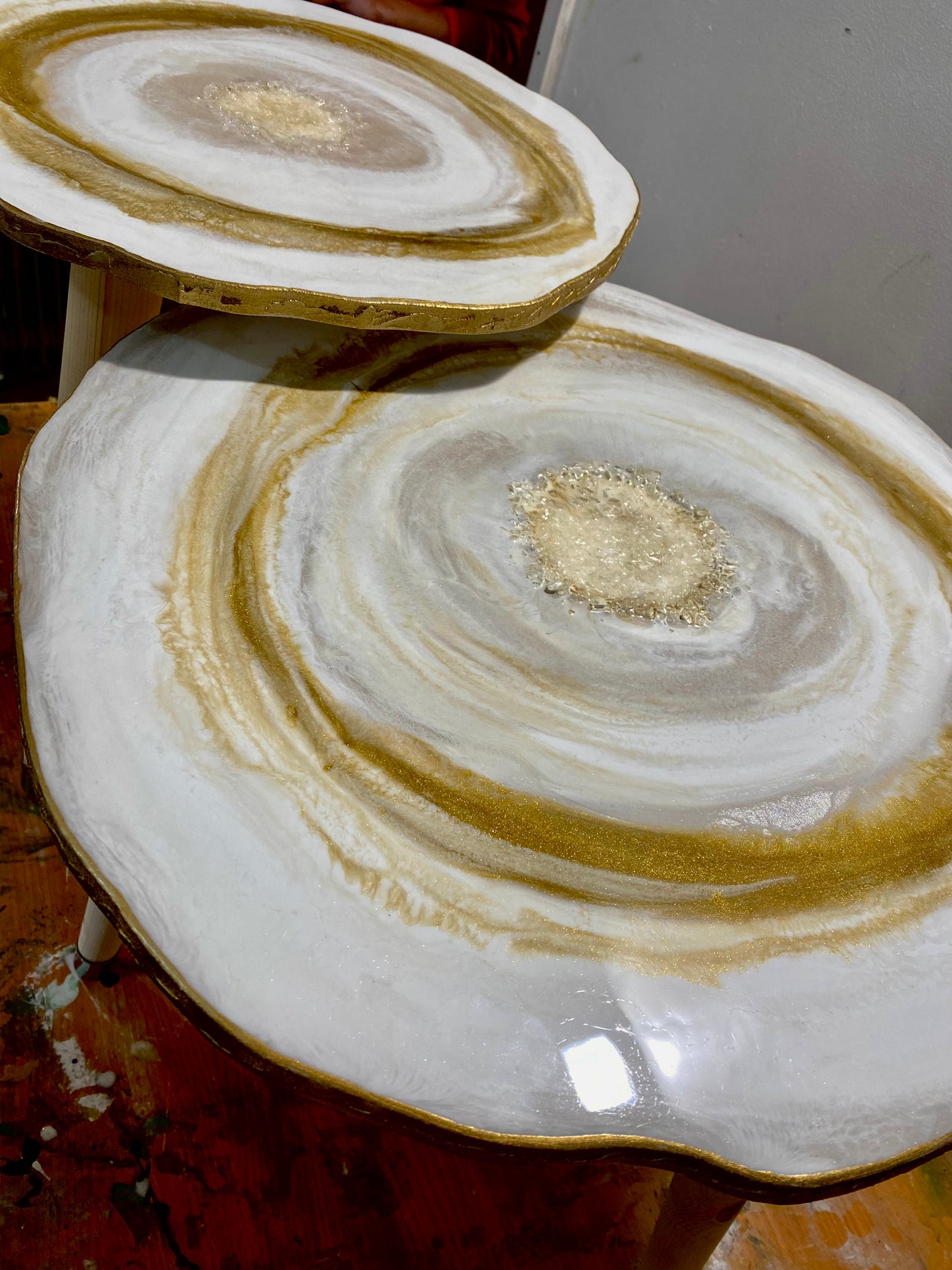 3 x  large handmade geode Resin Nested Coffee tables white gold geode crystals agate artwork coffee table SET gold metal legs