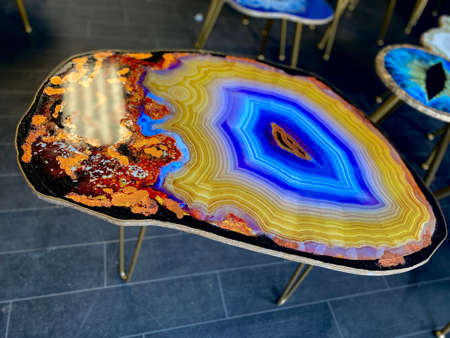 Geode Yellow Purple agate slice Resin Coffee table Agate Coffee table with Gold metal legs