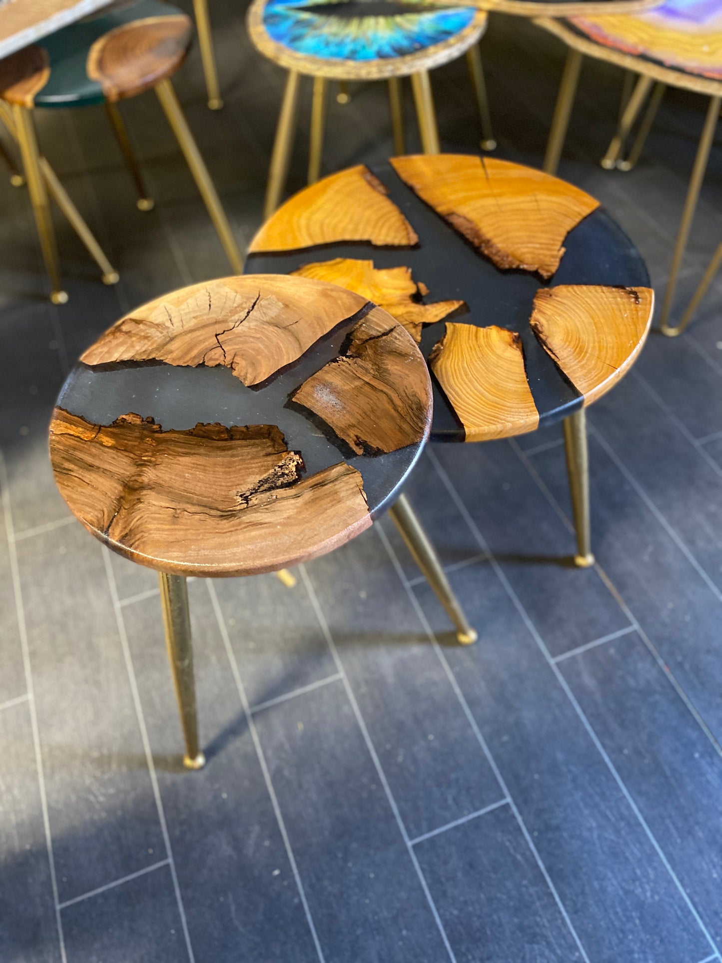 2 X Nesting Epoxy Resin Silver clear Epoxy Rustic Coffee table SET with the gold plated metal legs