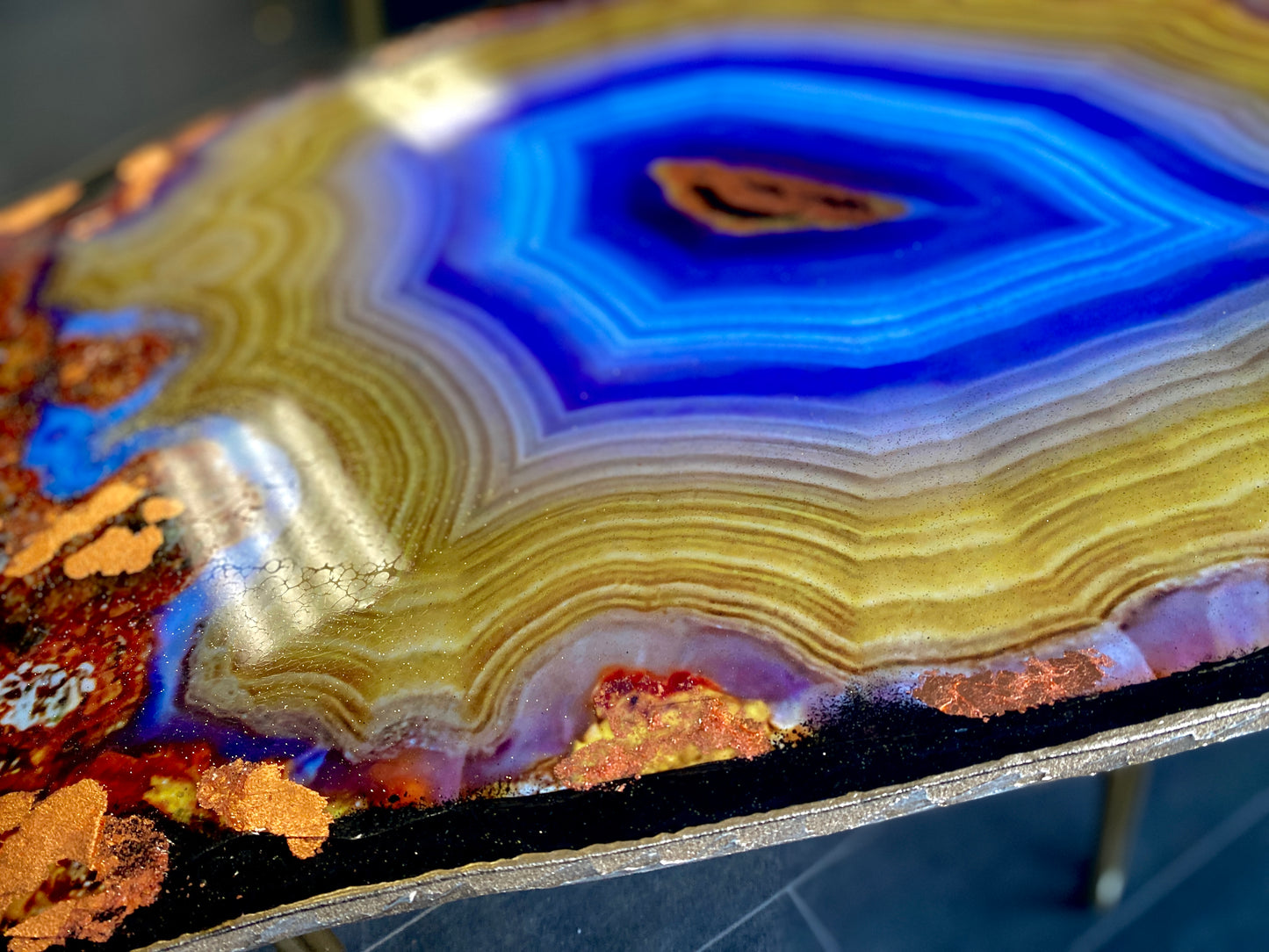 Geode Yellow Purple agate slice Resin Coffee table Agate Coffee table with Gold metal legs