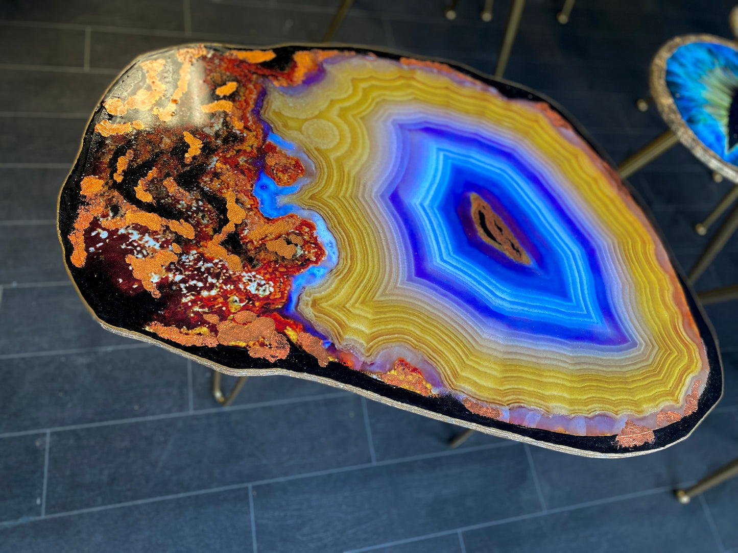 Geode Yellow Purple agate slice Resin Coffee table Agate Coffee table with Gold metal legs