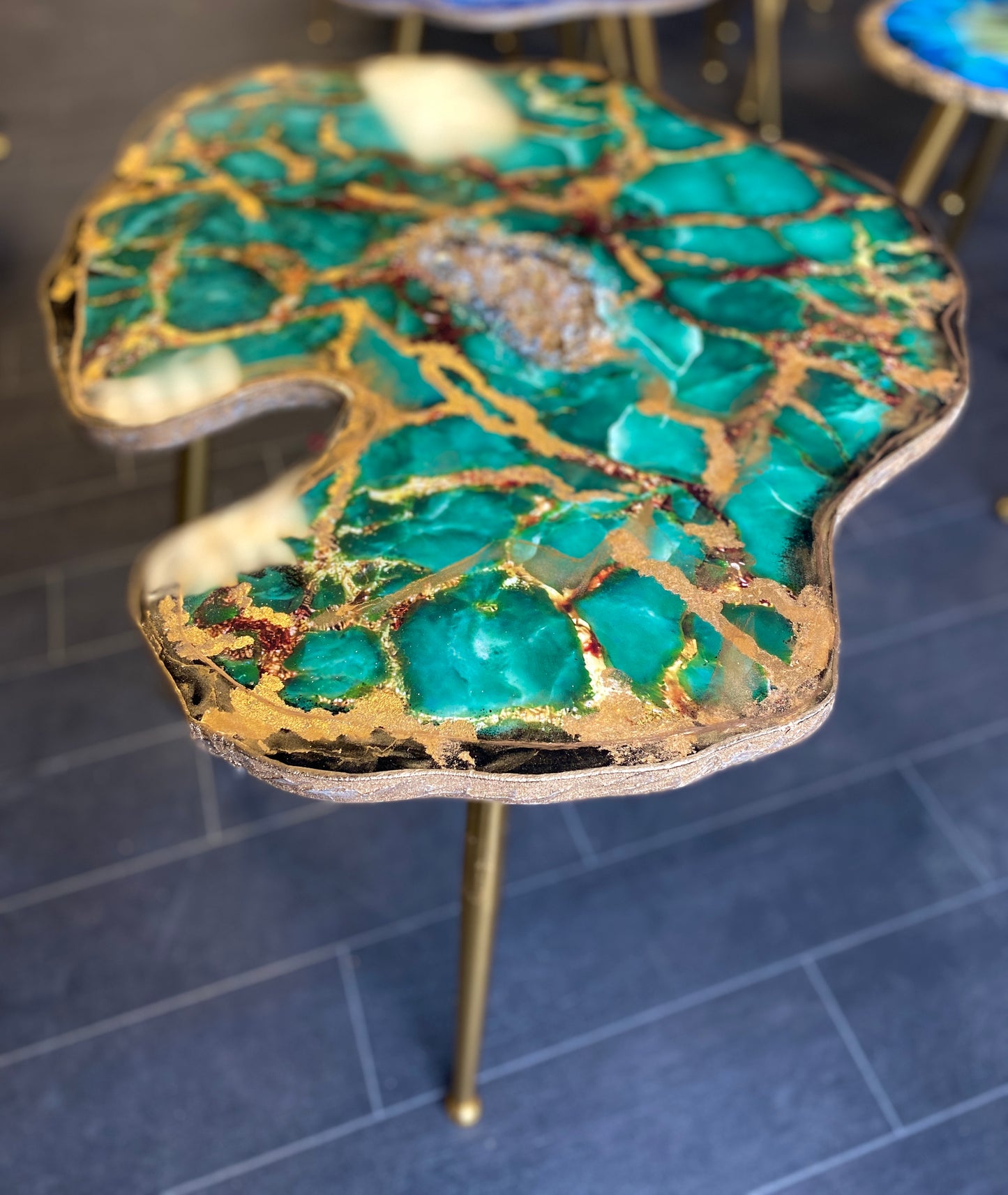 Large Stone slice teal Gold  Epoxy crystals Coffee table with Gold metal legs