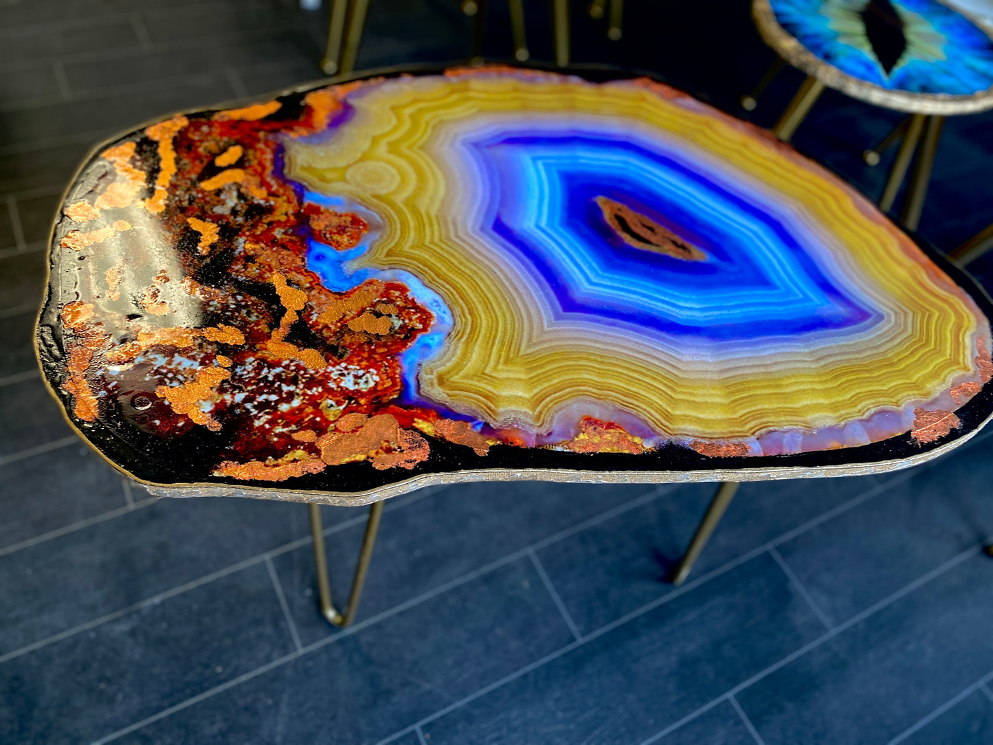 Geode Yellow Purple agate slice Resin Coffee table Agate Coffee table with Gold metal legs