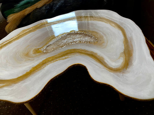 White geode Gold leaf crystals Geode Coffee/side table with gold metal legs