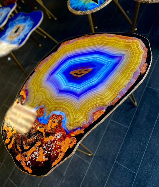 Geode Yellow Purple agate slice Resin Coffee table Agate Coffee table with Gold metal legs