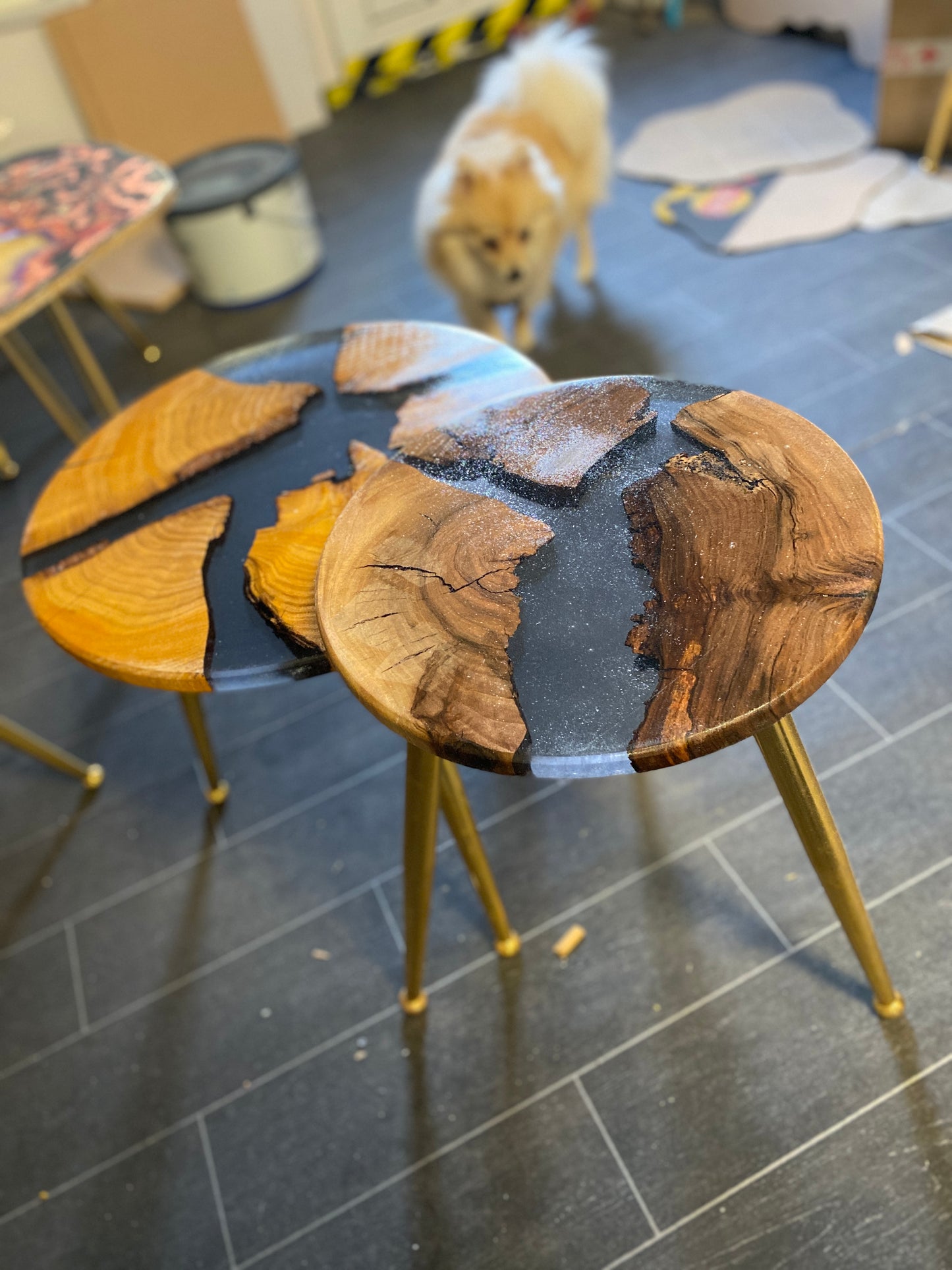 2 X Nesting Epoxy Resin Silver clear Epoxy Rustic Coffee table SET with the gold plated metal legs